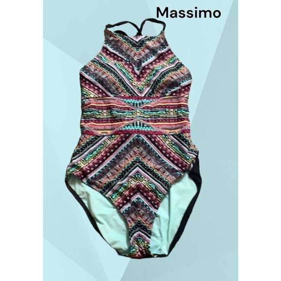 Mossimo One Piece Swimsuit Women Size M Colorful Tribal Aztec Lace Up Back - Picture 1 of 6